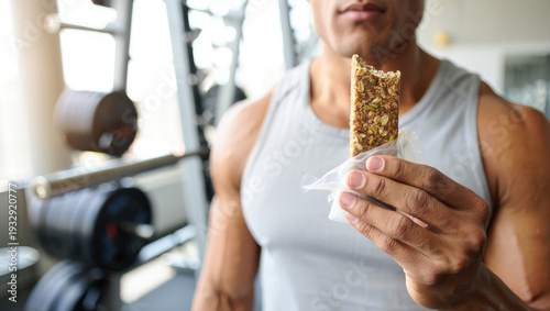 Man holding granola bar in gym setting emphasizing fitness and nutrition focus for healthy lifestyle advertising and sports marketing campaigns, energy and muscle building, high protein snack