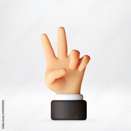 3D Hand gesturing victory or peace sign. Two fingers up. Universal symbol triumph, success, or friendship for communication. Vector illustration