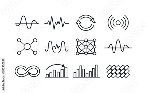 Line style vector icons of coding programming error and debugging symbols: signal contour, signal line, sync bar, signal ring,