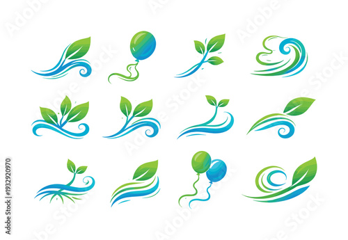 Two-Color vector icons of organic airy motion: leaflike wisp curve, natural balloon arc, stemlike tether line, soft breeze swirl;
