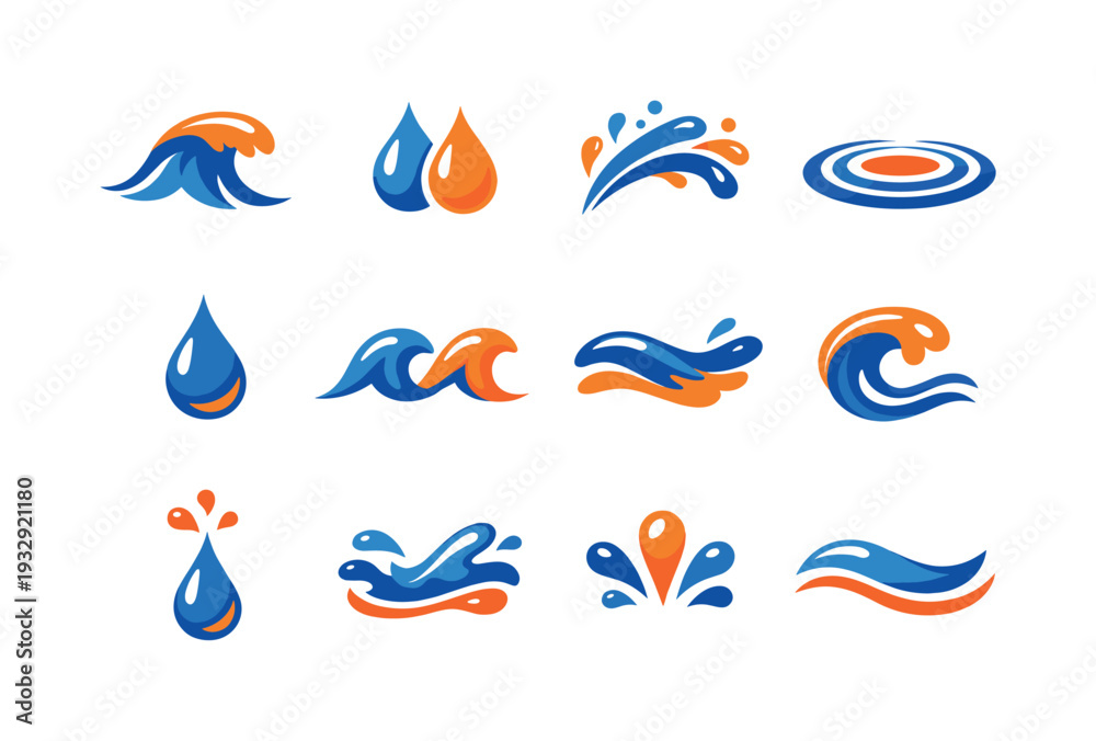 Naklejka premium Two-Color vector icons of water symbols: wave crest, droplet pair, splash arc, ripple ring; small drop, twin wave arcs, fluid
