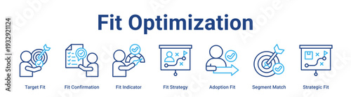 Fit Optimization web banner icon vector illustration concept for business with icon of Target Fit, Fit Confirmation, Fit Indicator, Fit Strategy, Adoption Fit, Segment Match.