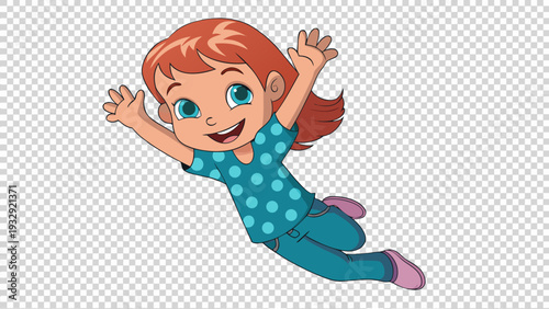 Happy young girl jumping with joyful sparkling eyes and arms up