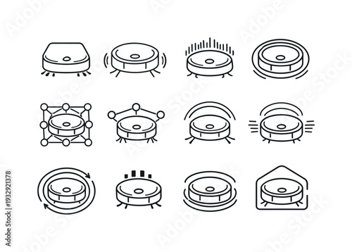 Line style vector icons of smart home cleaning devices: variation tile, propagation stripe, pulse arc, rhythm ring, cycle mesh,