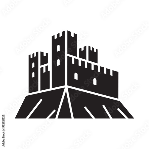 Simple black silhouette of a medieval castle atop a rocky hill