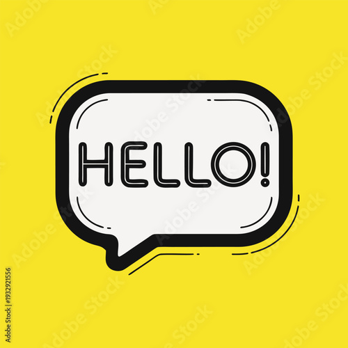 Yellow background with black outlined speech bubble containing the word hello in bold black letters