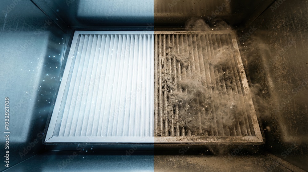 Naklejka premium Side by side comparison of a clean and dirty air filter showing the importance of hvac maintenance for indoor air quality.