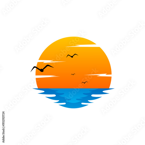 Simple beach or coastal logo with birds and calm sea.