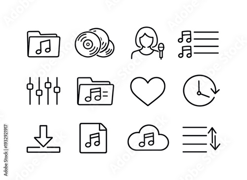 Music Library Icons. Line style vector icons of music audio player library management: music library, album collection, artist