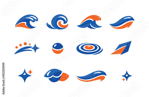 Two-Color vector icons of flowing marine curves: arc wave, curl loop, soft crest, contour bend, dotted spark, tiny bead, ripple