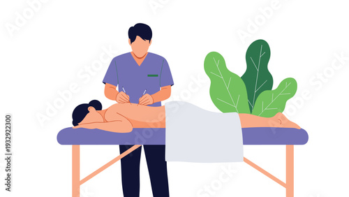 Healthcare practitioner performing traditional Chinese acupuncture therapy on a woman lying on a table in a serene environment.