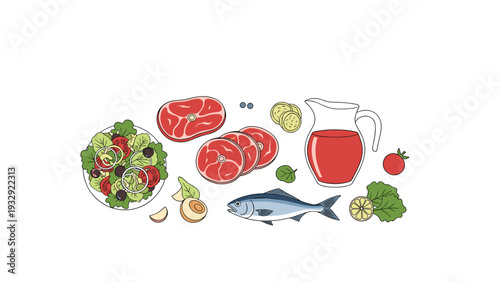 Flat lay illustration of various healthy ingredients including red meat, fish, a salad bowl, juice pitcher, and fresh vegetables.