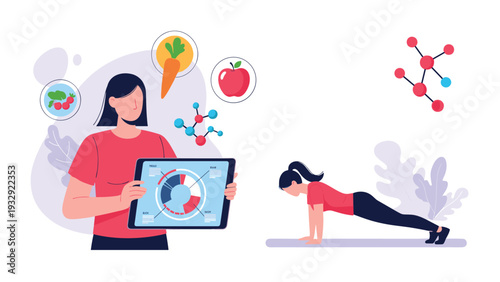 Health coach monitoring fitness data on a tablet while an athlete performs a plank exercise to improve core strength and stability.