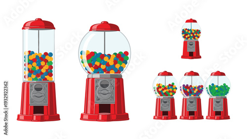 Array of various red gumball machines filled with colorful candy balls representing childhood nostalgia and sweet treats.