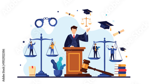 Judge at a legal podium surrounded by symbols of justice including scales, handcuffs, a gavel, law books, and graduation caps.