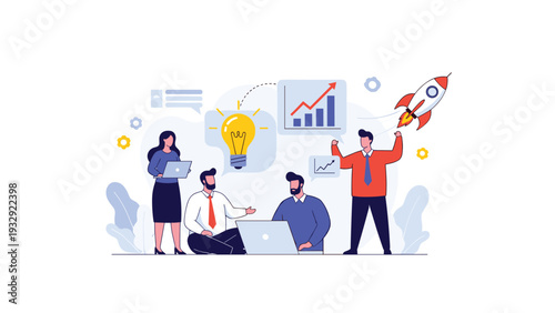 Business team collaborating on a startup project with icons of a glowing lightbulb for ideas and a launching rocket for growth.