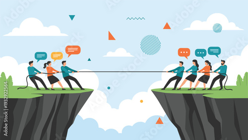 Two teams engaged in competitive tug of war over mountain chasm with speech bubbles, illustrating conflict and negotiation.