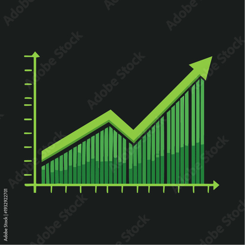Green bar chart with rising trend line and arrow graph