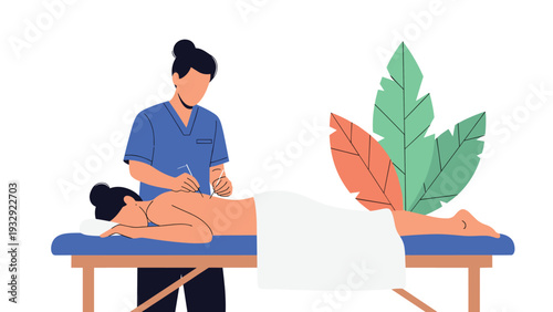 Patient lying on massage table receiving professional acupuncture treatment on back, representing alternative medicine care.