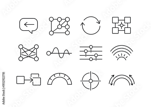 Line style vector icons of mobile app settings interface: feedback line, pattern node, loop contour, modulation tile, loop mesh,