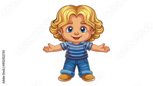 Smiling animated boy with soft blond curls and blue eyes wearing jeans