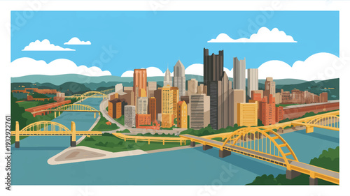 A stylized digital illustration of Pittsburgh, Pennsylvania's downtown skyline and riverside view (4)_traced