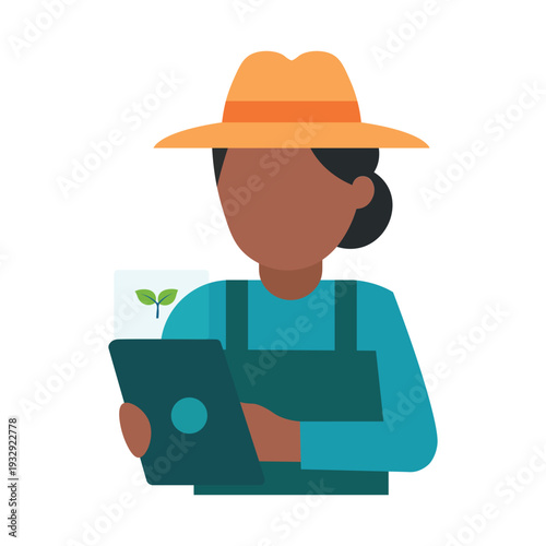 Farmer character using tablet for smart agriculture. Woman worker managing crops with digital technology