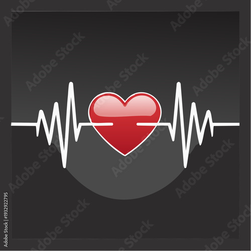Red heart with white E C G line on dark background electrocardiogram white line