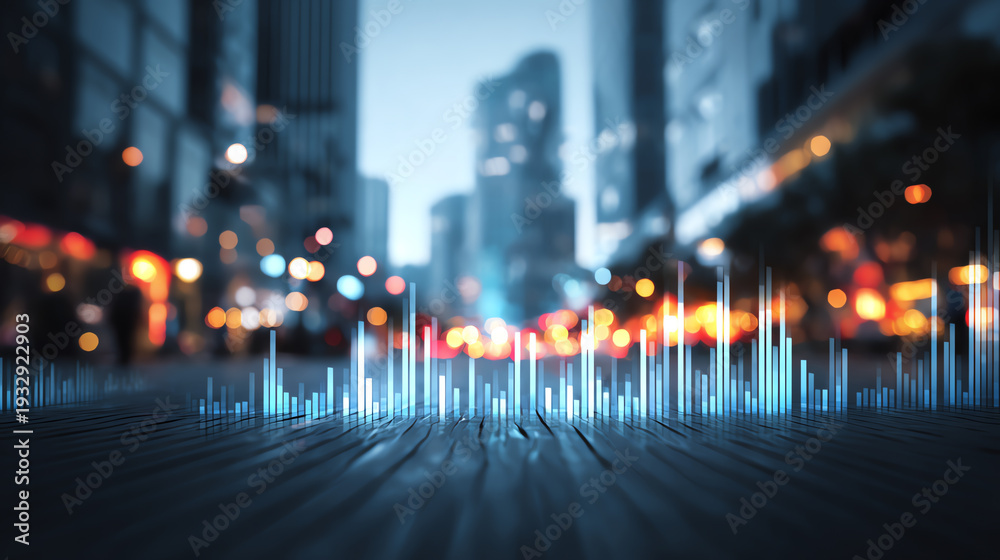 Obraz premium Visual representation of sound waves in a vibrant urban setting, blending technology with city life.