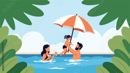 Happy family with child playing in swimming pool under large orange umbrella, representing summer vacation and fun holidays.