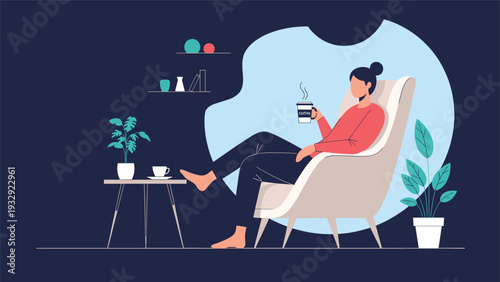 Young woman relaxing in modern white armchair with cup of coffee in dark room, representing peaceful evening time alone.