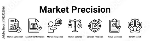 Market Precision web banner icon vector illustration concept for business with icon of Market Validation, Market Confirmation, Market Response, Market Balance, Solution Precision, Value Evidence.