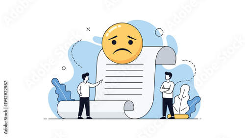 Two men standing next to giant paper scroll with sad face emoticon, symbolizing negative news or failed results report.