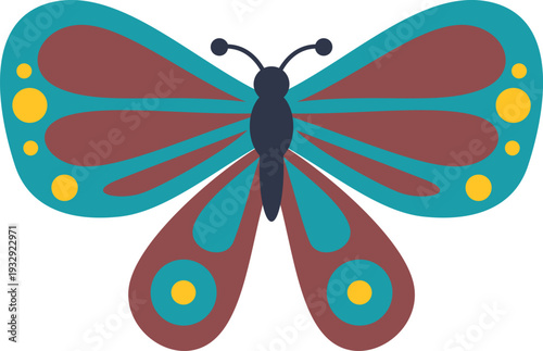 Butterfly icon with symmetrical colorful wings and antennas on a white background
