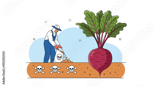 Farmer in protective suit applying toxic chemicals to giant beet with skull symbols, depicting danger of pesticides in food.