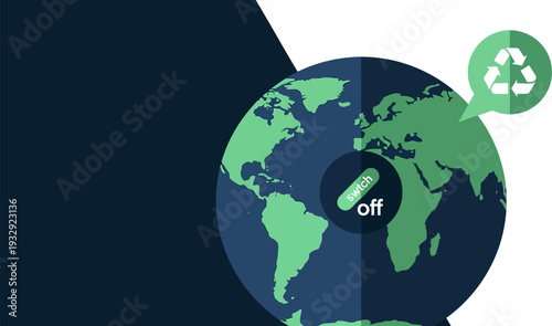 Global power switch and recycling symbol on planet Earth, representing environmental consciousness and sustainable energy solutions for a greener future