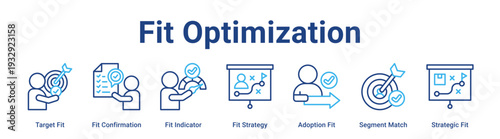 Fit Optimization web banner icon vector illustration concept for business with icon of Target Fit, Fit Confirmation, Fit Indicator, Fit Strategy, Adoption Fit, Segment Match.