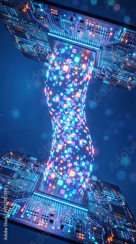 Abstract digital data transfer between two microchips representing high speed cloud computing and network communication.