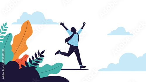 Silhouette of happy person jumping with arms raised in nature with plants and clouds, representing freedom and success joy.