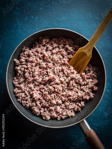 Ground Beef Cooking in Non-Stick Skillet with Wooden Spoon