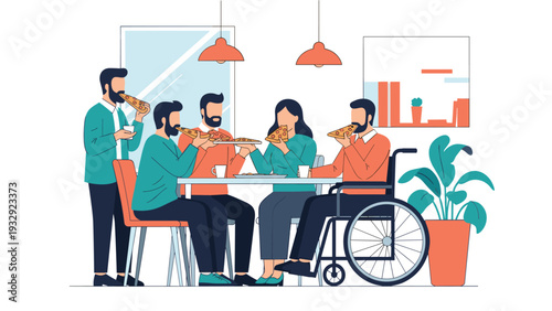 Group of diverse friends including person in wheelchair eating pizza and chatting, illustrating social inclusion and community.