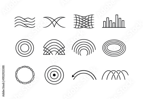 Line style vector icons of scent components: wave stripe, variation arc, transition mesh, frequency bar, variation ring, pattern