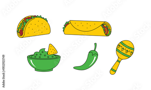 Fiesta food and music vector elements with taco burrito guacamole pepper and maraca vector