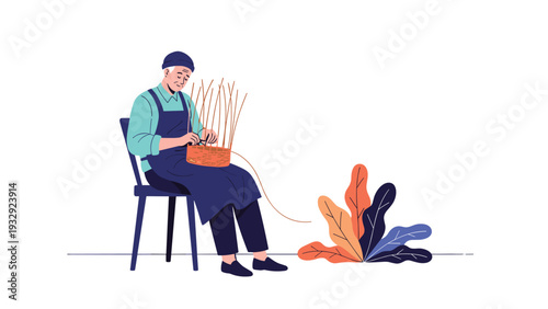 Elderly man focused on the traditional craft of basket weaving while sitting on a chair in a simple, minimalist setting.