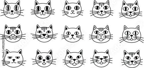 Set of cute cat face line art icons with various facial expressions and emotions for pet lovers and animal stickers design isolated on white background.