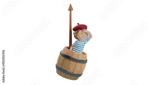 Cartoon Sailor Boy in Wooden Barrel Icon Illustration with Spear for Adventure Story, Nautical Theme, and Kids Character Design