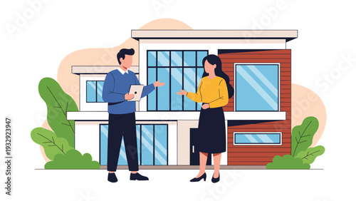 Professional real estate agent presenting a modern luxury house to a female client during a property viewing or sales meeting.