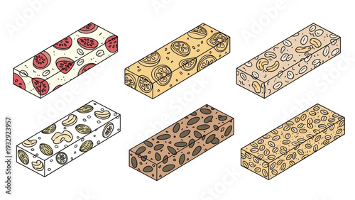 Assorted collection of healthy granola and energy bars with nuts, fruits, and grains shown in an isometric view.