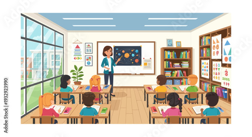 Diverse Children Learning Astronomy in a Bright Classroom with Teacher