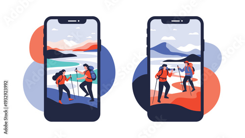Two smartphones displaying beautiful landscape photos of hikers trekking through mountains and coastal paths on their screen.